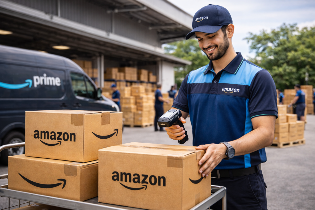 Amazon logistics worker scanning parcels at warehouse for order fulfillment and delivery in India