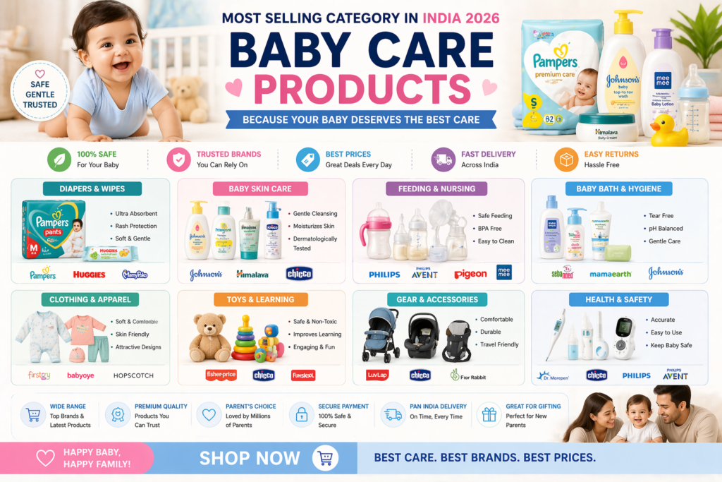 baby care products most selling category India 2026 diapers skincare feeding accessories ecommerce