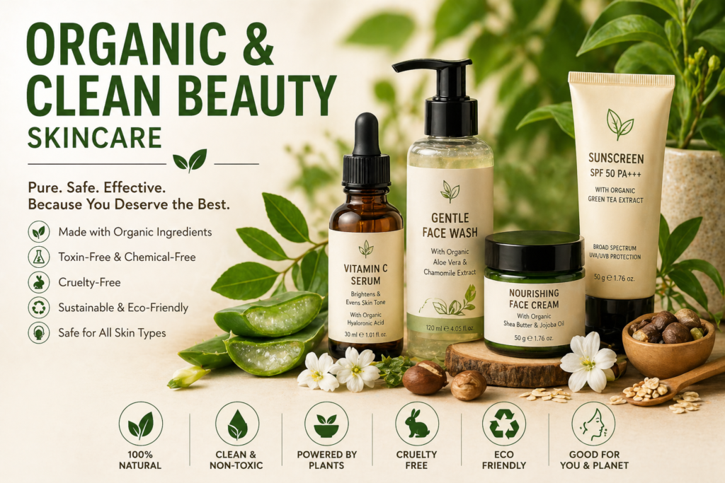 Top-selling organic and clean beauty skincare products in India including vitamin C serum, face wash, face cream, and sunscreen.