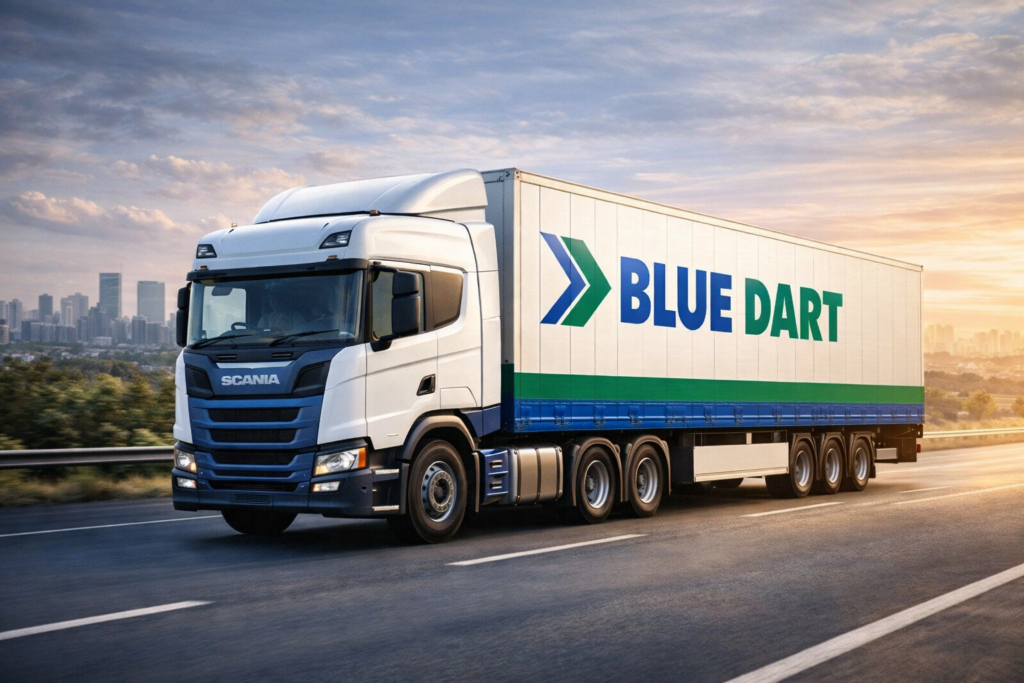 Blue Dart freight truck transporting parcels on an Indian highway