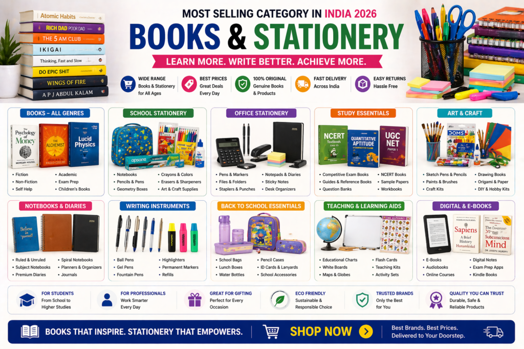 books stationery most selling products India 2026 notebooks pens academic books ecommerce