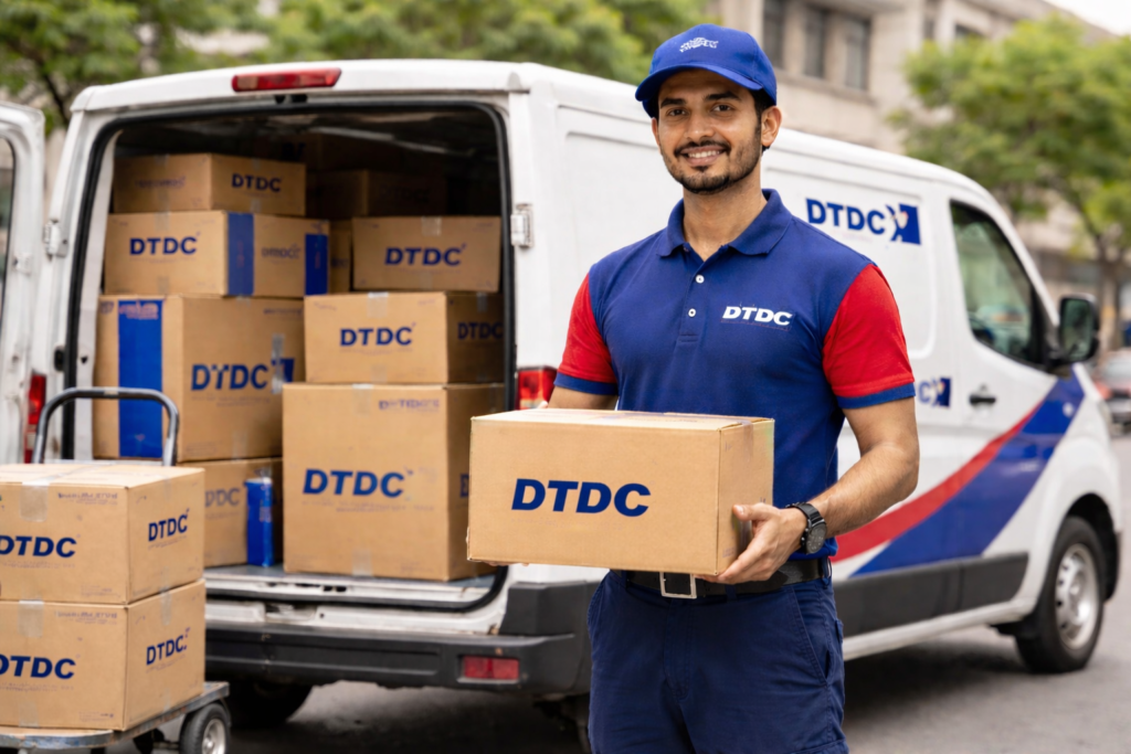 DTDC courier executive with delivery boxes beside a DTDC van in India