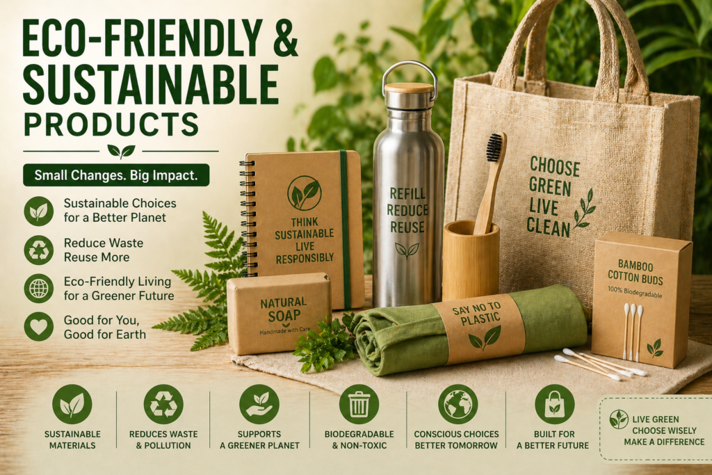 Eco-friendly and sustainable products including reusable bottle, bamboo toothbrush, tote bag, natural soap, and biodegradable cotton buds.