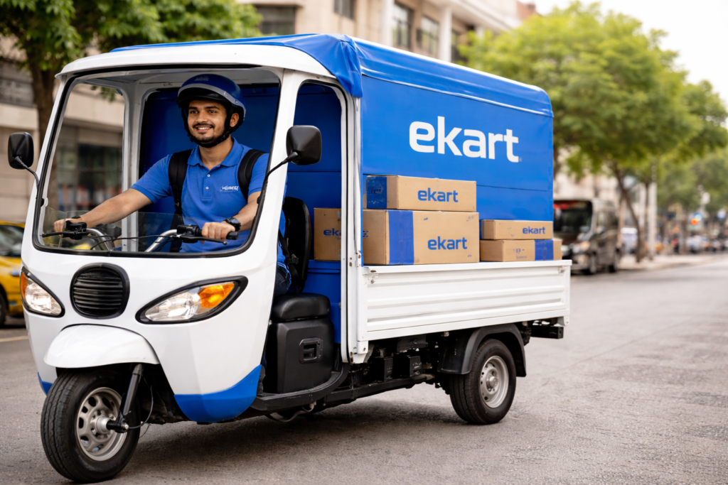 Ekart last-mile delivery driver carrying packages in a small courier vehicle in India