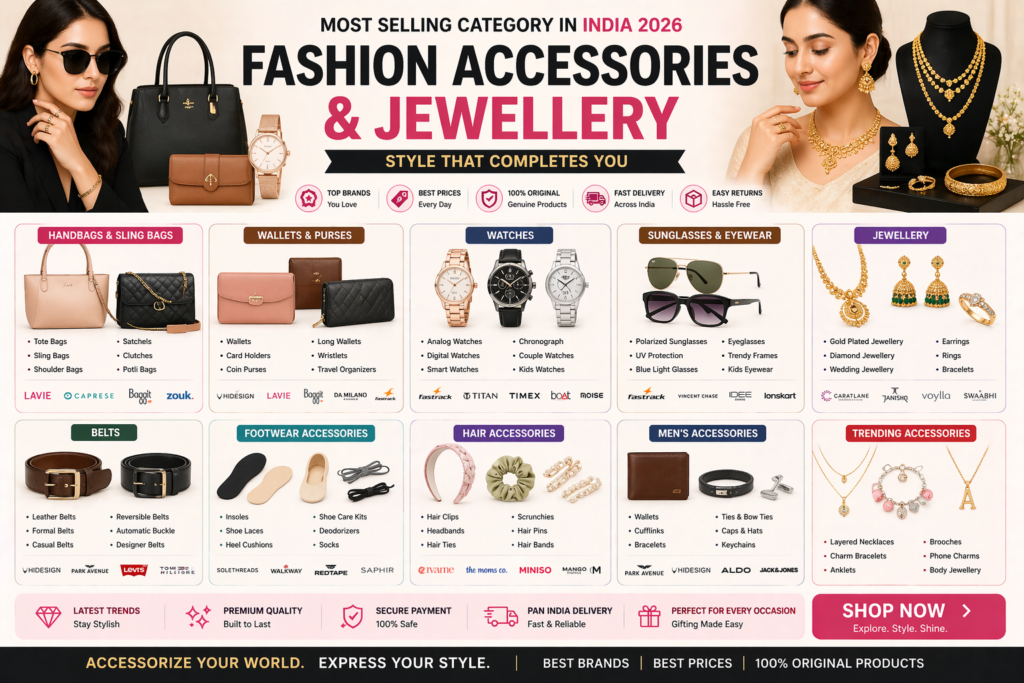 fashion accessories jewellery most selling products India 2026 watches handbags sunglasses ecommerce