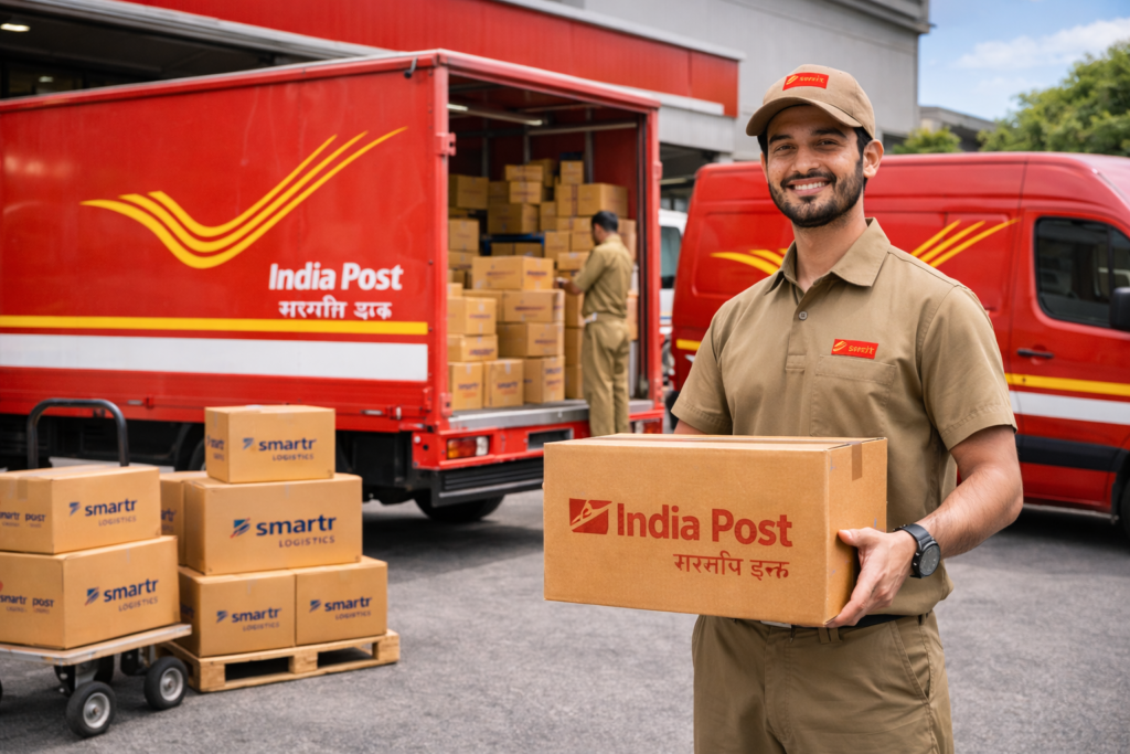 India Post logistics operations with delivery staff and parcel shipments at postal distribution center in India