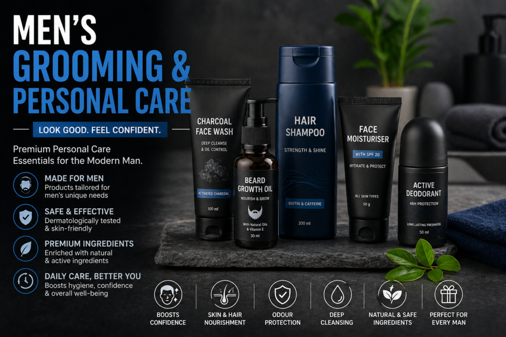 Top-selling men’s grooming and personal care products in India including face wash, beard oil, shampoo, moisturizer, and deodorant.