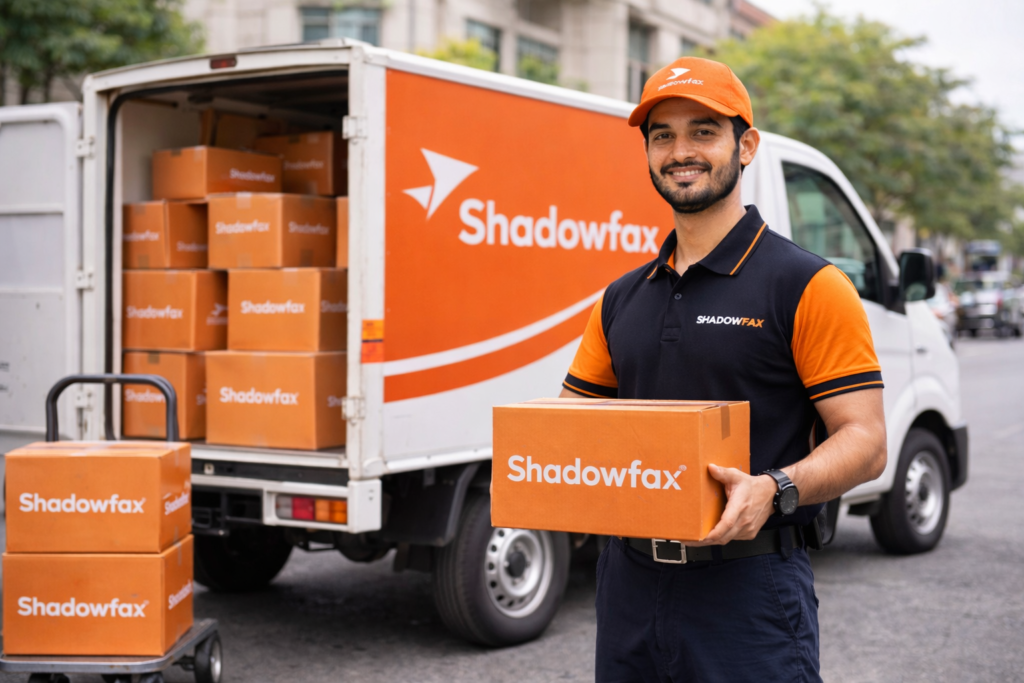 Shadowfax delivery executive holding parcel boxes near logistics van in India