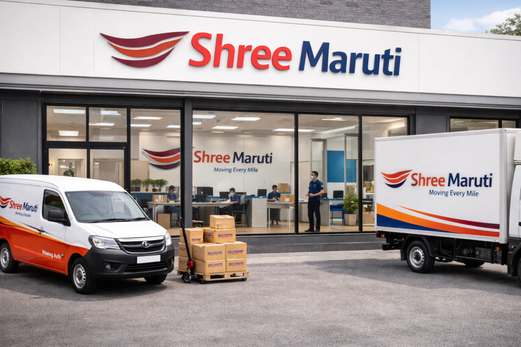 Shree Maruti logistics branch with staff, delivery vehicles, and parcel distribution operations in India