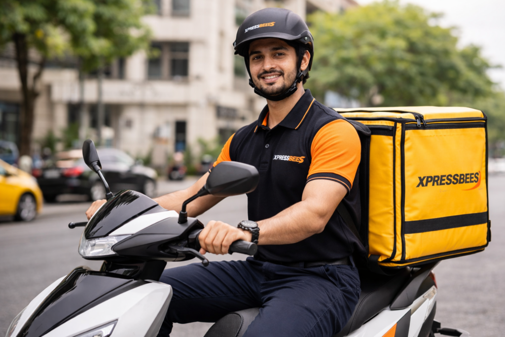 XpressBees bike courier delivering eCommerce orders with insulated delivery bag in urban India