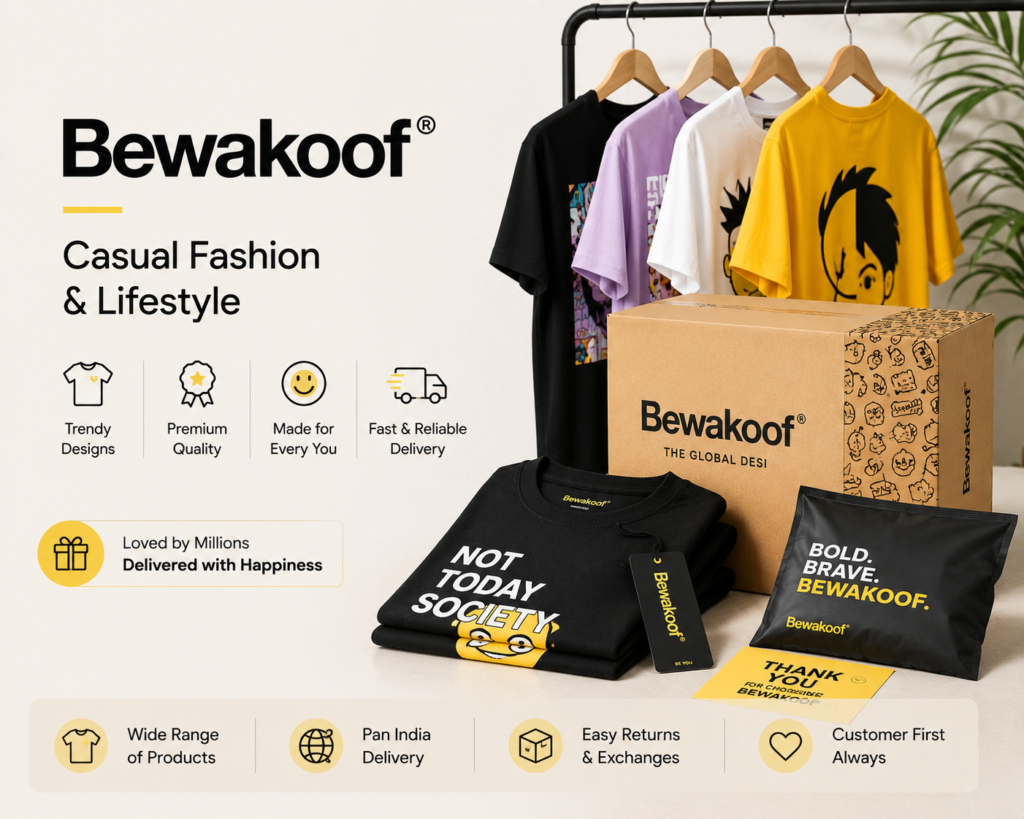 Minimal casual fashion ecommerce image featuring Bewakoof apparel, graphic t-shirts, branded packaging boxes, and modern D2C logistics and fulfillment visuals.