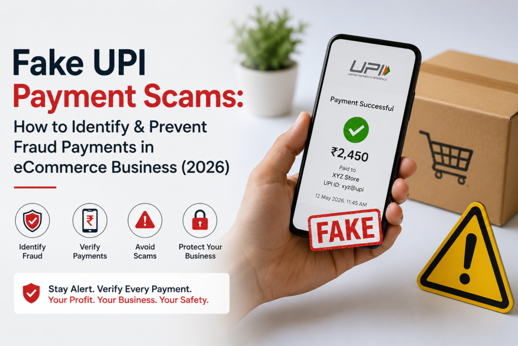 Smartphone displaying a fake UPI payment confirmation alongside ecommerce packaging and fraud warning symbols, representing UPI payment scams in ecommerce businesses.