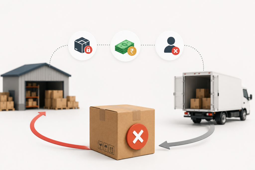 Minimal logistics illustration showing a failed ecommerce delivery with returned package, warehouse, delivery truck, and icons representing RTO losses, blocked cash flow, and customer churn.