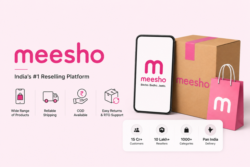 Minimal Meesho ecommerce illustration showing branded shipping boxes, smartphone app interface, online selling, COD delivery, and ecommerce logistics visuals in a clean modern layout.