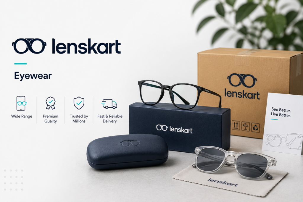 Minimal ecommerce brand image featuring Lenskart eyewear products, glasses, branded packaging boxes, and modern D2C logistics and delivery visuals.
