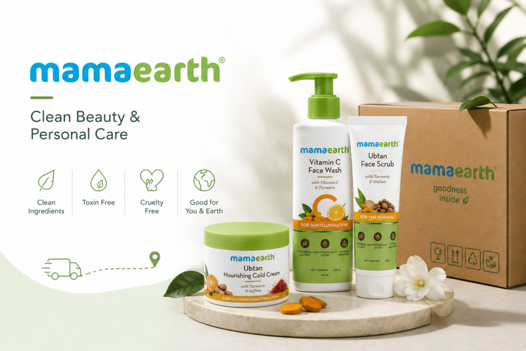 Minimal clean beauty brand image featuring Mamaearth skincare and personal care products with ecommerce packaging, natural aesthetic, and modern D2C fulfillment visuals.