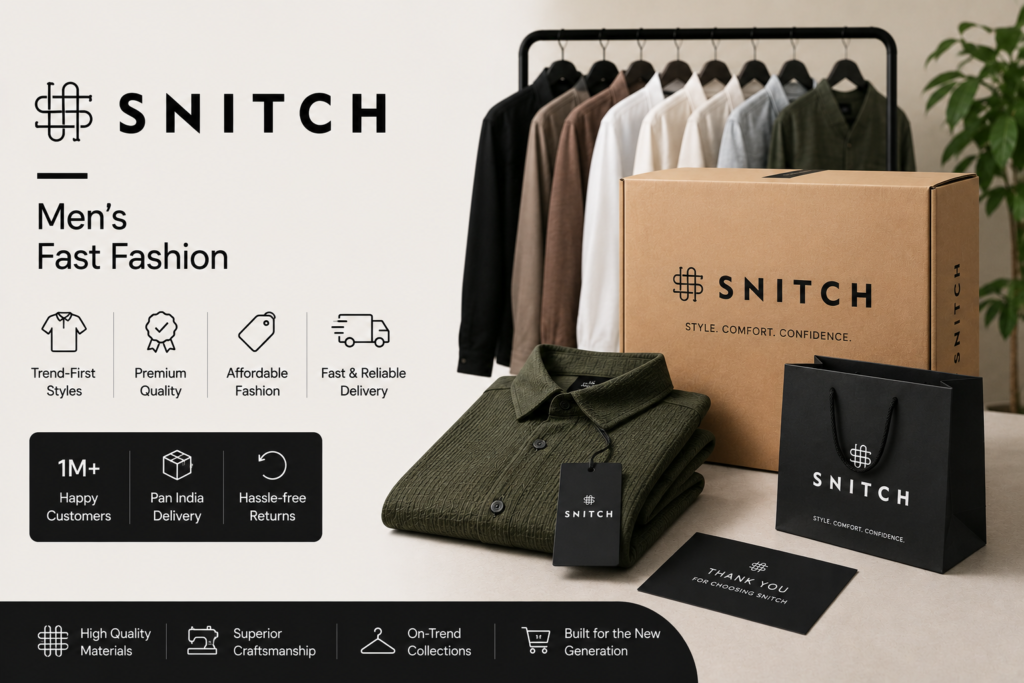 Minimal men’s fashion ecommerce image featuring SNITCH apparel, clothing racks, branded packaging boxes, and modern D2C logistics and fulfillment visuals.