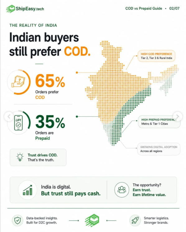 Infographic showing COD versus prepaid ecommerce payment preferences in India for 2026, highlighting that 65% of buyers prefer Cash on Delivery while 35% use prepaid payments, along with a regional map of India