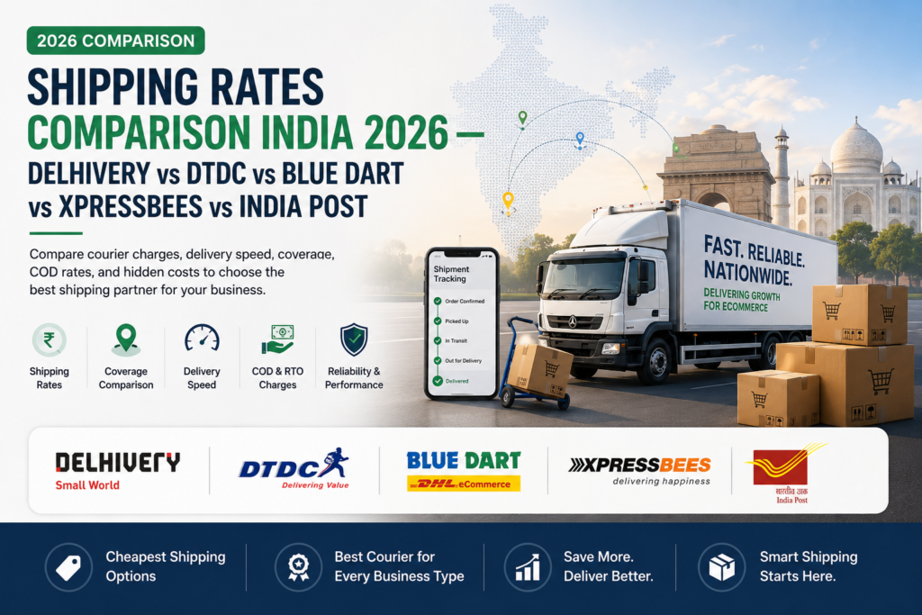 Infographic comparing shipping rates and courier services in India for 2026 featuring Delhivery, DTDC, Blue Dart, XpressBees, and India Post with logistics truck, shipment tracking, and ecommerce delivery visuals.