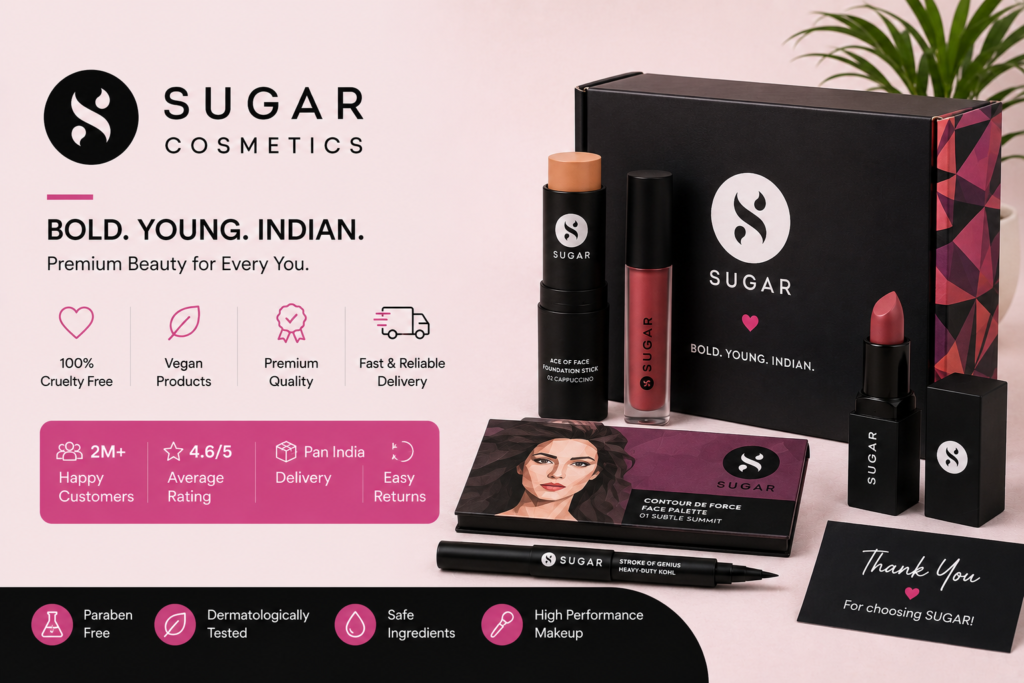Minimal beauty ecommerce image featuring Sugar Cosmetics makeup products, branded packaging, skincare and cosmetic items, and modern D2C logistics and fulfillment visuals.