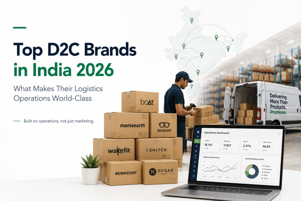 Top D2C Brands in India 2026.Minimal modern blog hero image showing India’s top D2C brands with ecommerce logistics visuals including warehouse operations, shipping boxes, courier scanning parcels, delivery van, and analytics dashboard.