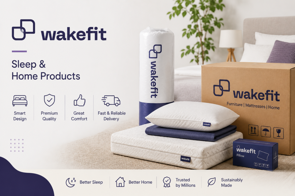 Minimal ecommerce logistics image featuring Wakefit mattresses, pillows, home products, packaging boxes, and modern D2C fulfillment and delivery visuals in a clean bedroom setting.