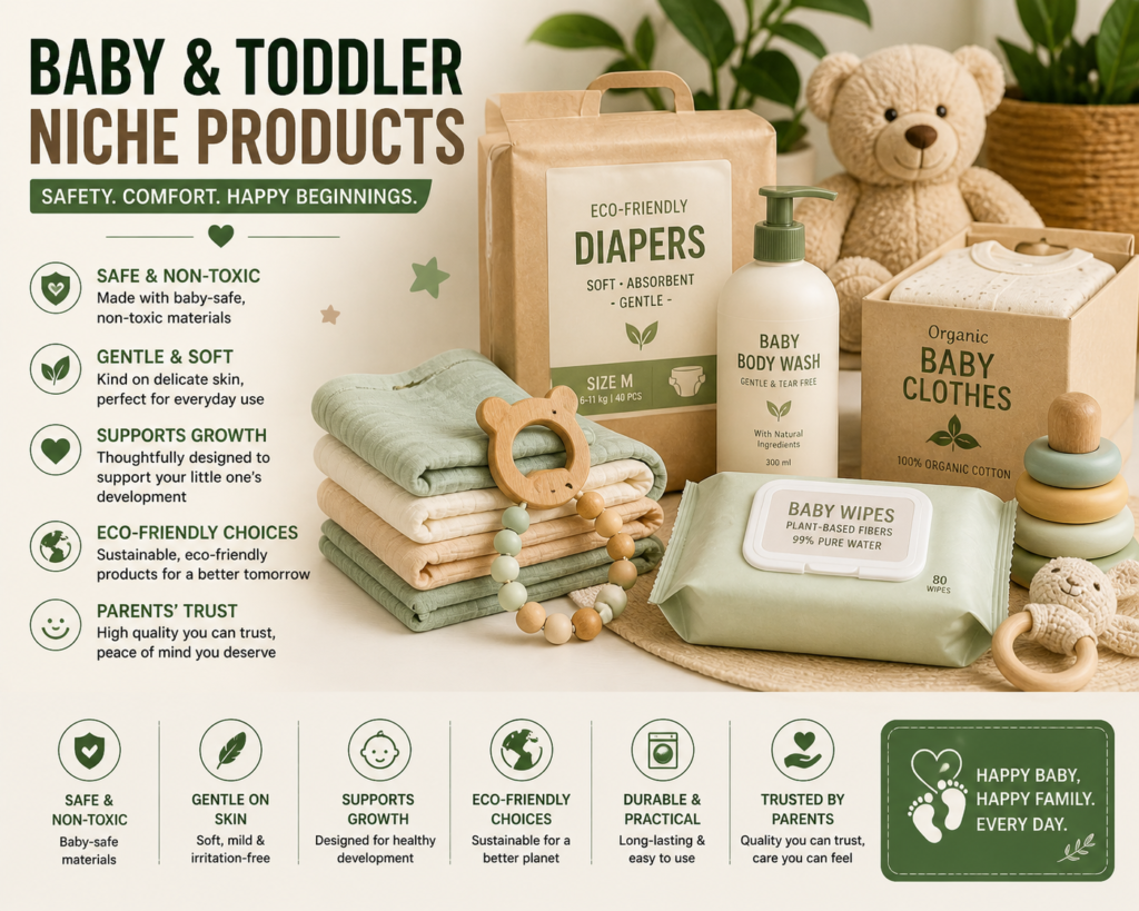 Baby and toddler niche products including eco-friendly diapers, baby wipes, baby body wash, organic baby clothes, and baby accessories.