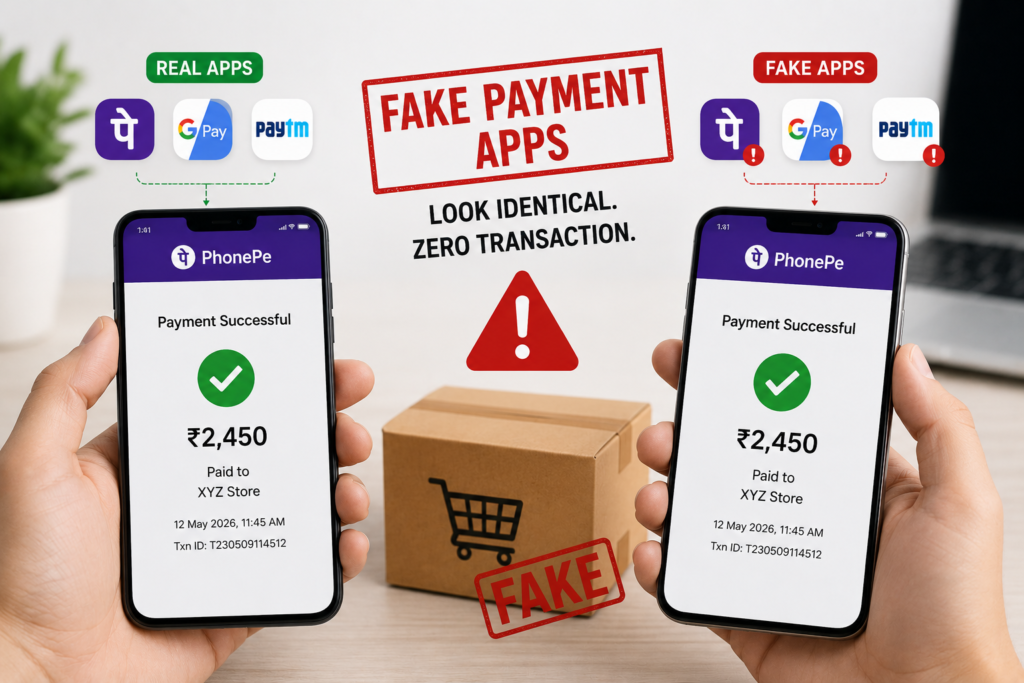 Two smartphones displaying identical UPI payment success screens representing fake payment apps used in ecommerce fraud scams.