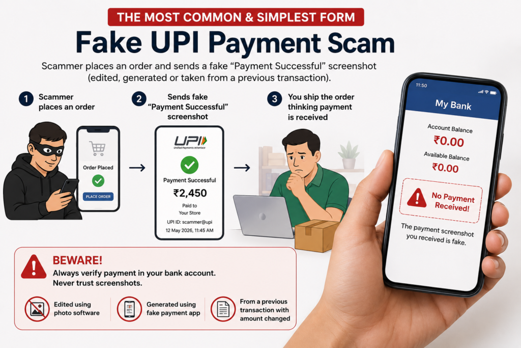 Infographic explaining how fake UPI payment screenshot scams work in ecommerce, including edited payment confirmations, fake payment apps, and unpaid shipped orders.