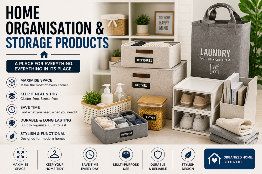 Home organisation and storage products including storage bins, laundry bags, shoe organisers, pantry containers, and wardrobe organisers.