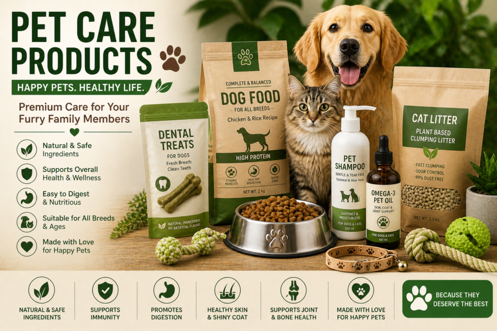 Pet care products including dog food, cat litter, dental treats, pet shampoo, omega-3 pet oil, and pet accessories with dog and cat.