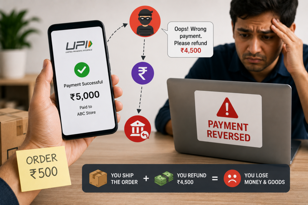 Smartphone showing a large successful UPI payment while an ecommerce seller faces a payment reversal and refund fraud scam.Smartphone showing a large successful UPI payment while an ecommerce seller faces a payment reversal and refund fraud scam.
